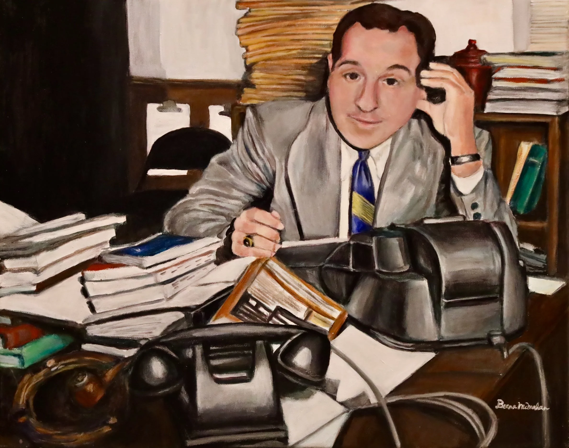 Painting of a man with dark hair wearing a gray suit and blue and yellow tie, sitting at a desk with stacks of papers, books, and writing supplies, talking on the phone, in a cluttered office.