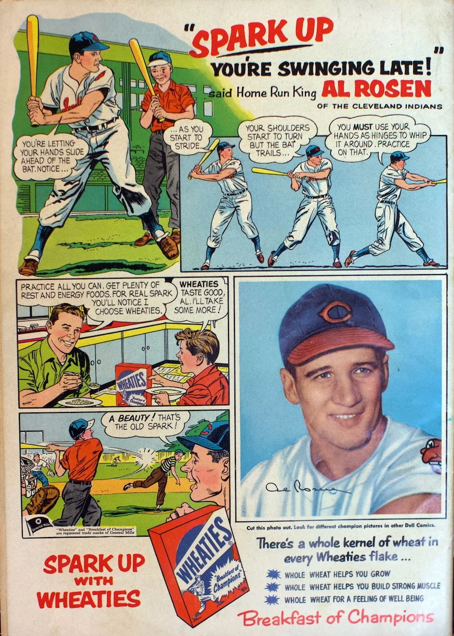Vintage comic advertisement for Wheaties cereal featuring a baseball player and a coach, with instructions on batting technique and a box of Wheaties cereal.