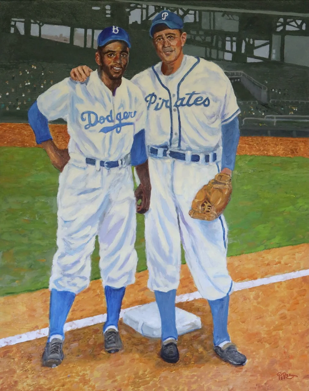 Painting of two baseball players in Dodger and Pirates uniforms standing on the field.