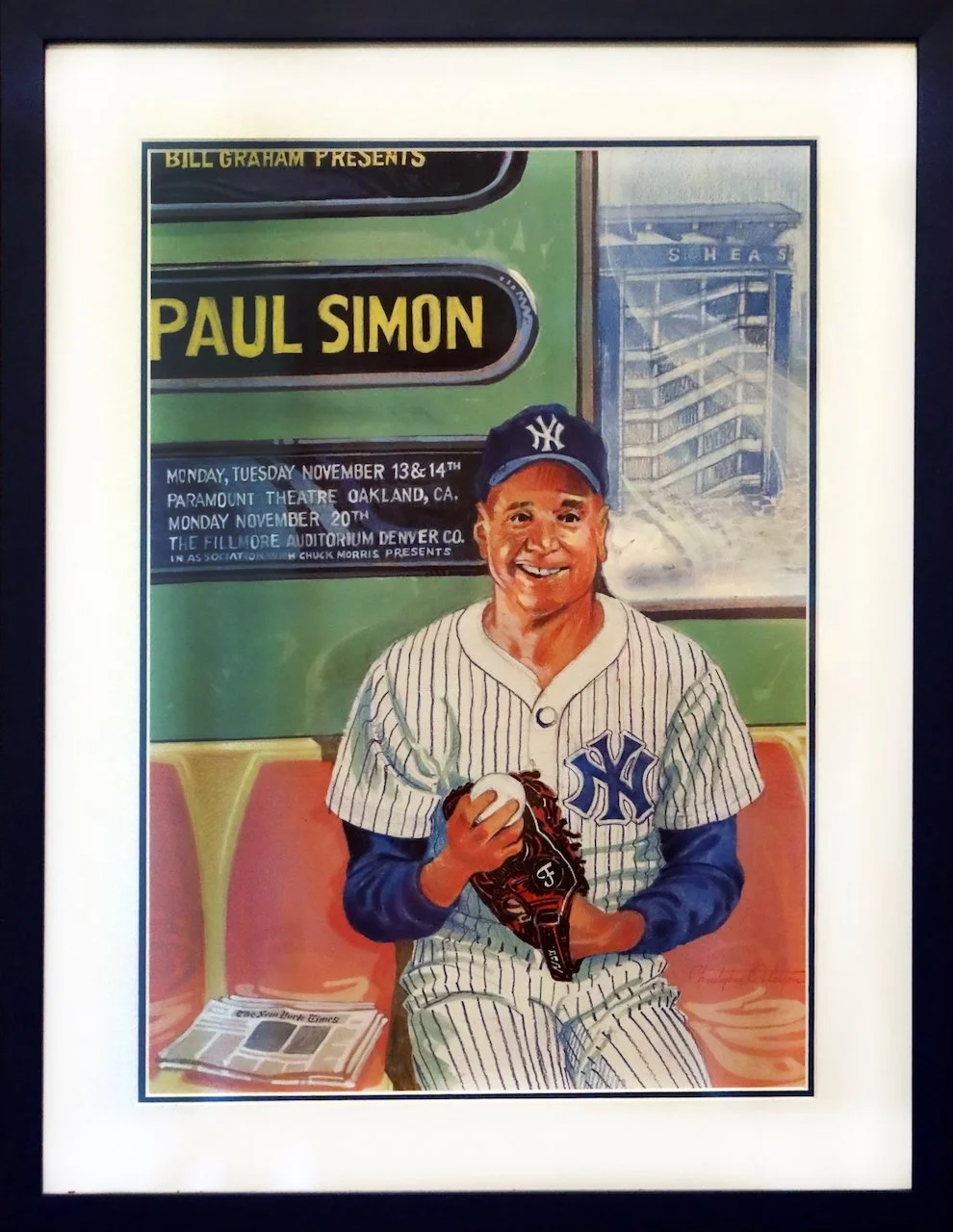 Colorful poster featuring Paul Simon in a vintage New York Yankees baseball uniform, holding a baseball glove and ball, with event details in the background.