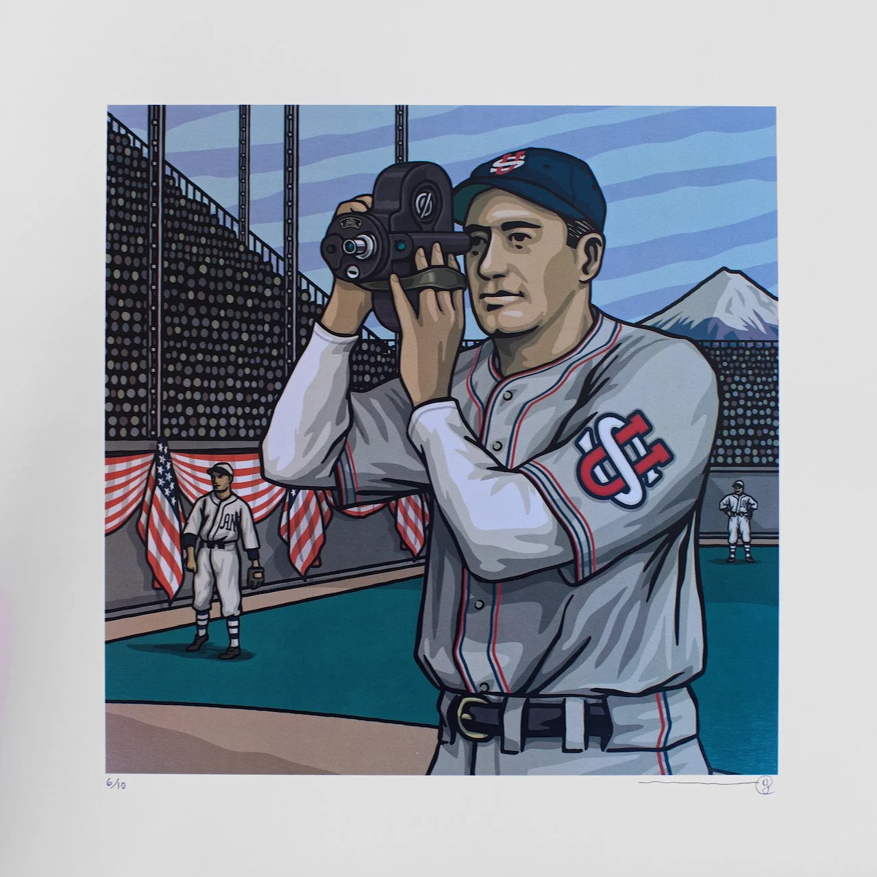 An illustration of a baseball player with a camera, wearing a gray uniform with red and blue accents, and a cap with a logo. Two other players are in the background, standing on a baseball field with American flags, a stadium, and Mount Fuji in the distance.