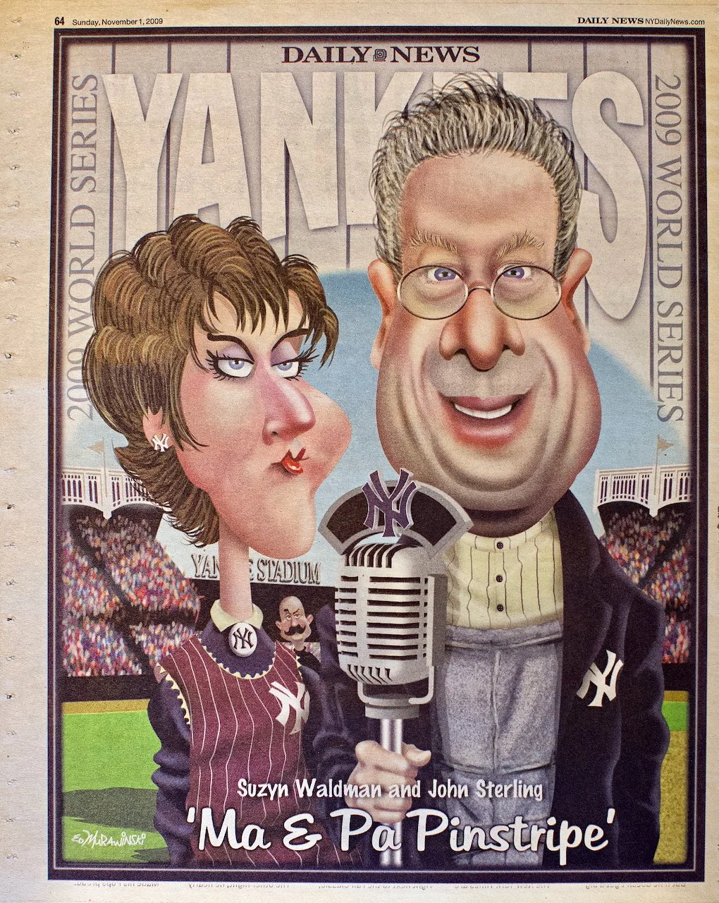 Caricature of Suzy Waldman and John Sterling as the 'Ma & Pa Pinstripe' with a New York Yankees theme, standing at a baseball stadium.