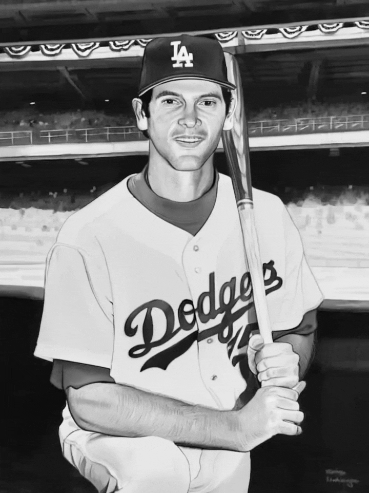 Black-and-white illustration of Shawn Green in a Los Angeles Dodgers uniform holding a bat in a stadium.