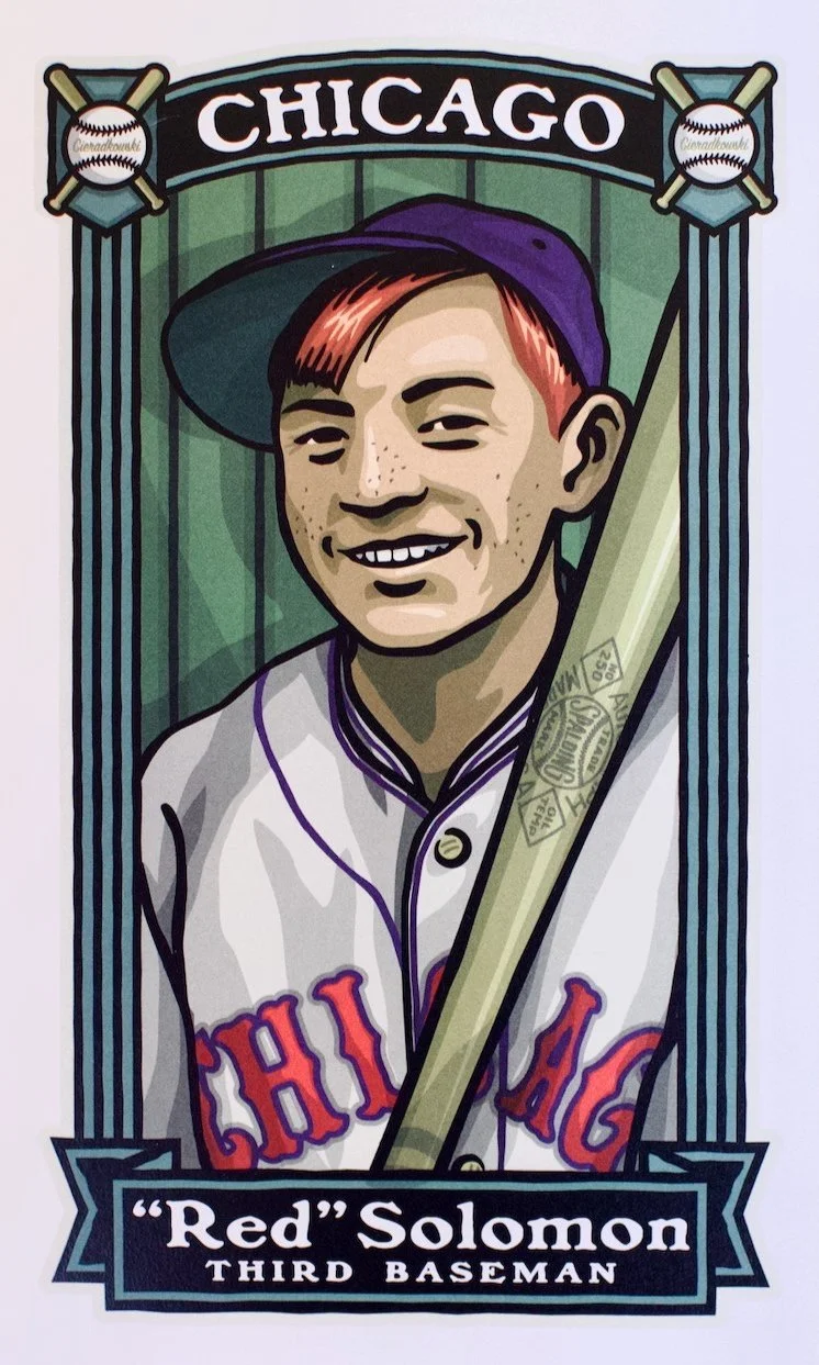 Illustration of a young baseball player named 'Red' Solomon in a Chicago baseball uniform holding a bat, with a background featuring the word 'CHICAGO' and baseball-themed decorations.