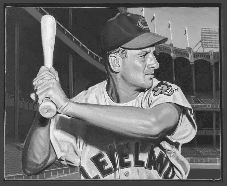 Black-and-white illustration of Al Rosen batting in a Cleveland baseball uniform.