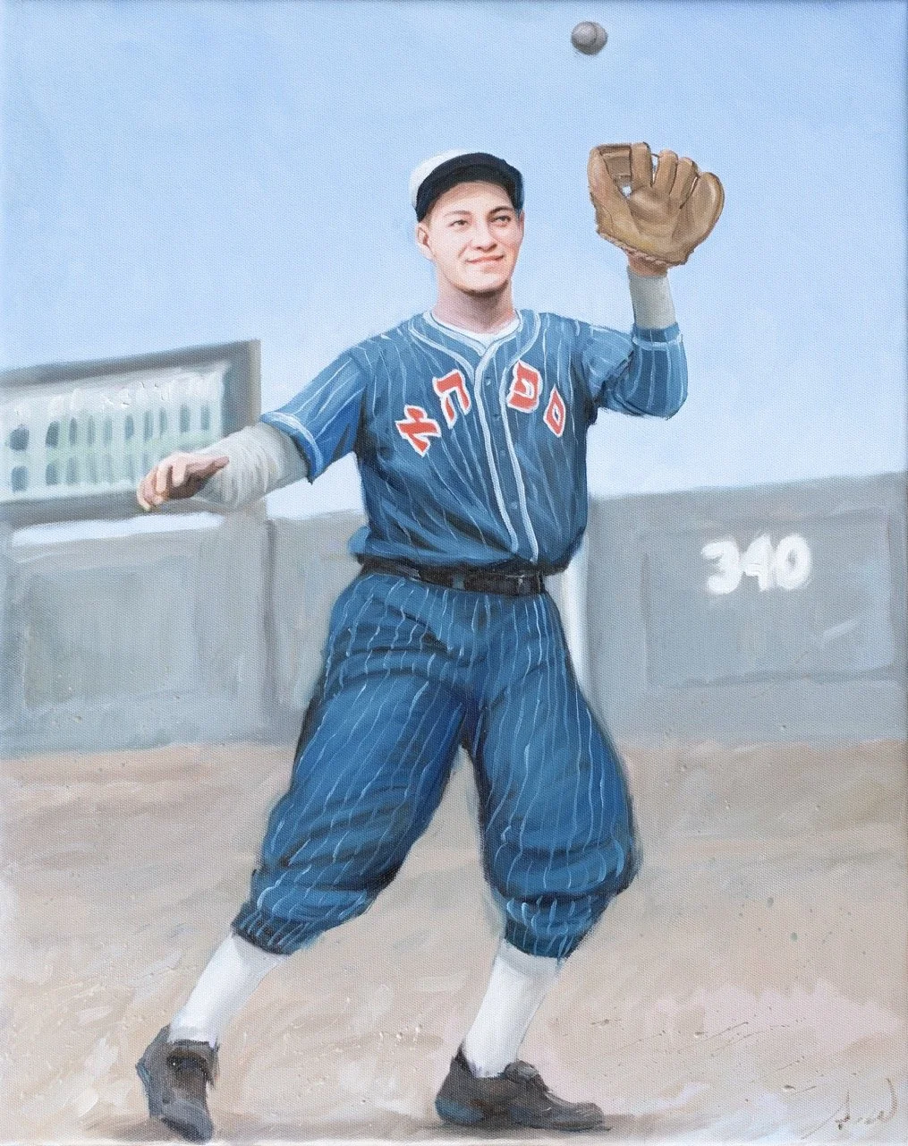 A baseball player in a vintage uniform, about to catch a ball with his glove on a baseball field.