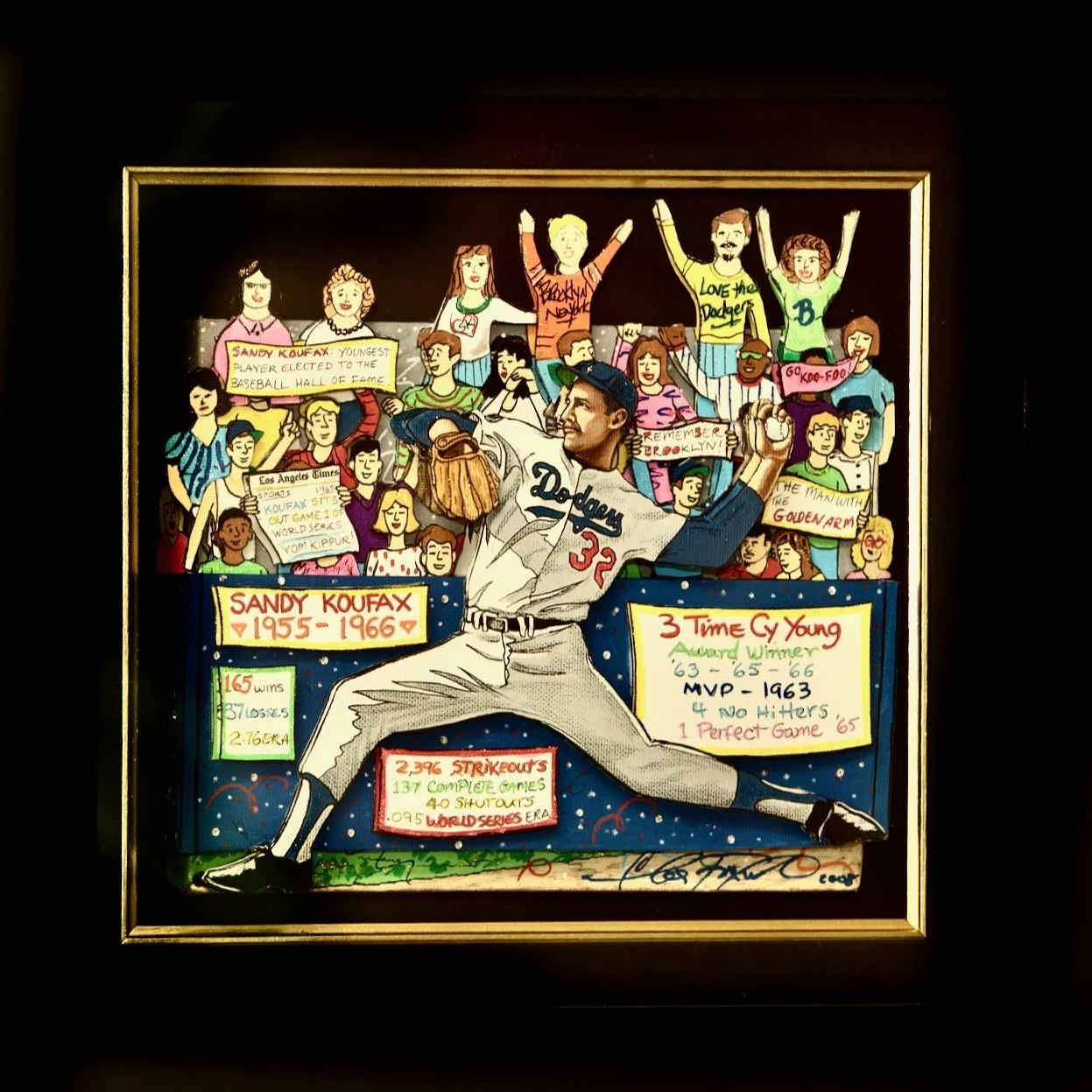 Colorful illustration of a baseball player in a Dodgers uniform celebrating with a crowd of fans and supporters holding signs.