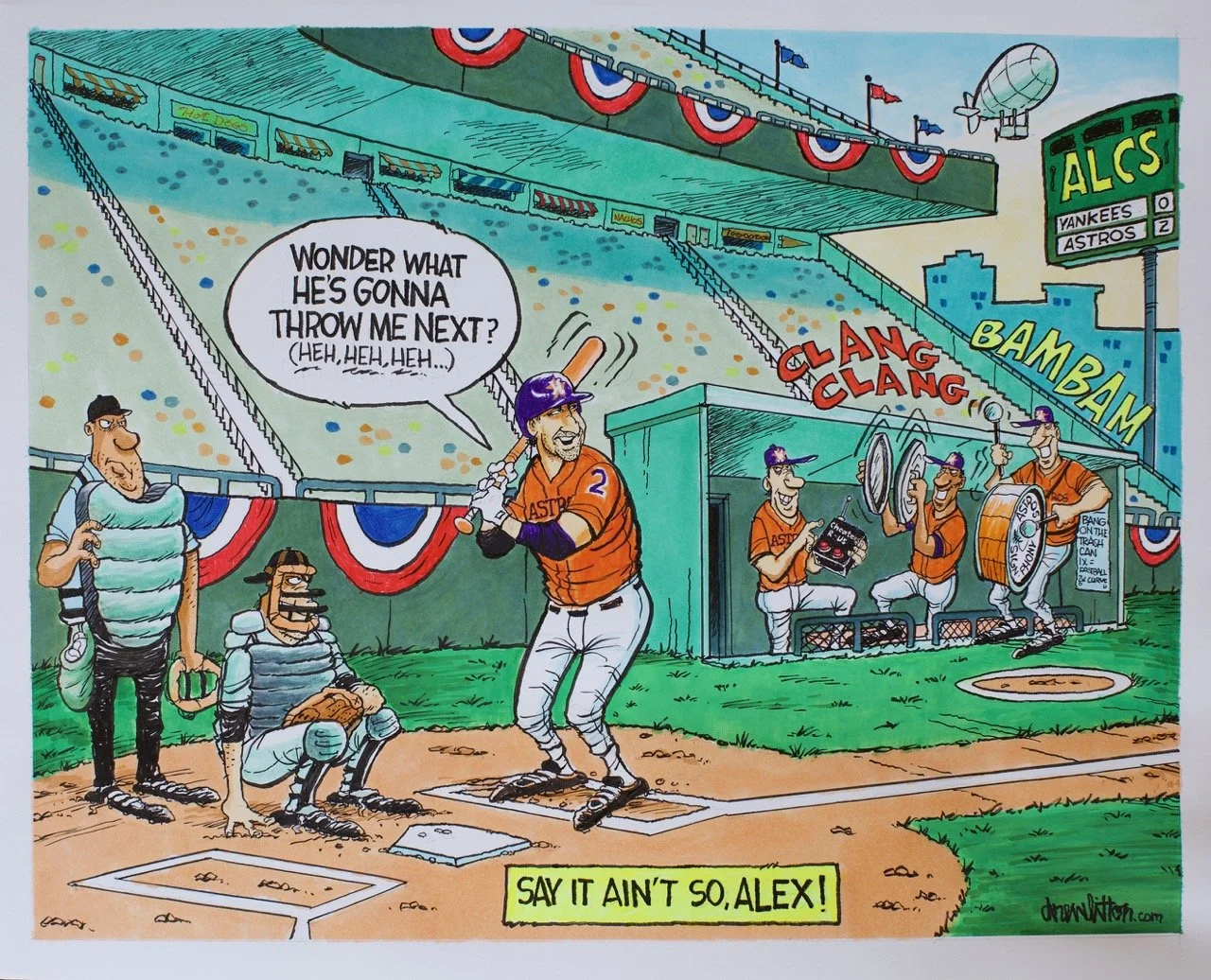 A cartoon illustration of a baseball game scene at the stadium with players, fans, and a scoreboard. A batter prepares to hit, while a man in the stands makes a humorous comment in a speech bubble. The dugout has players and music equipment, with text encouraging fans to cheer for Alex.