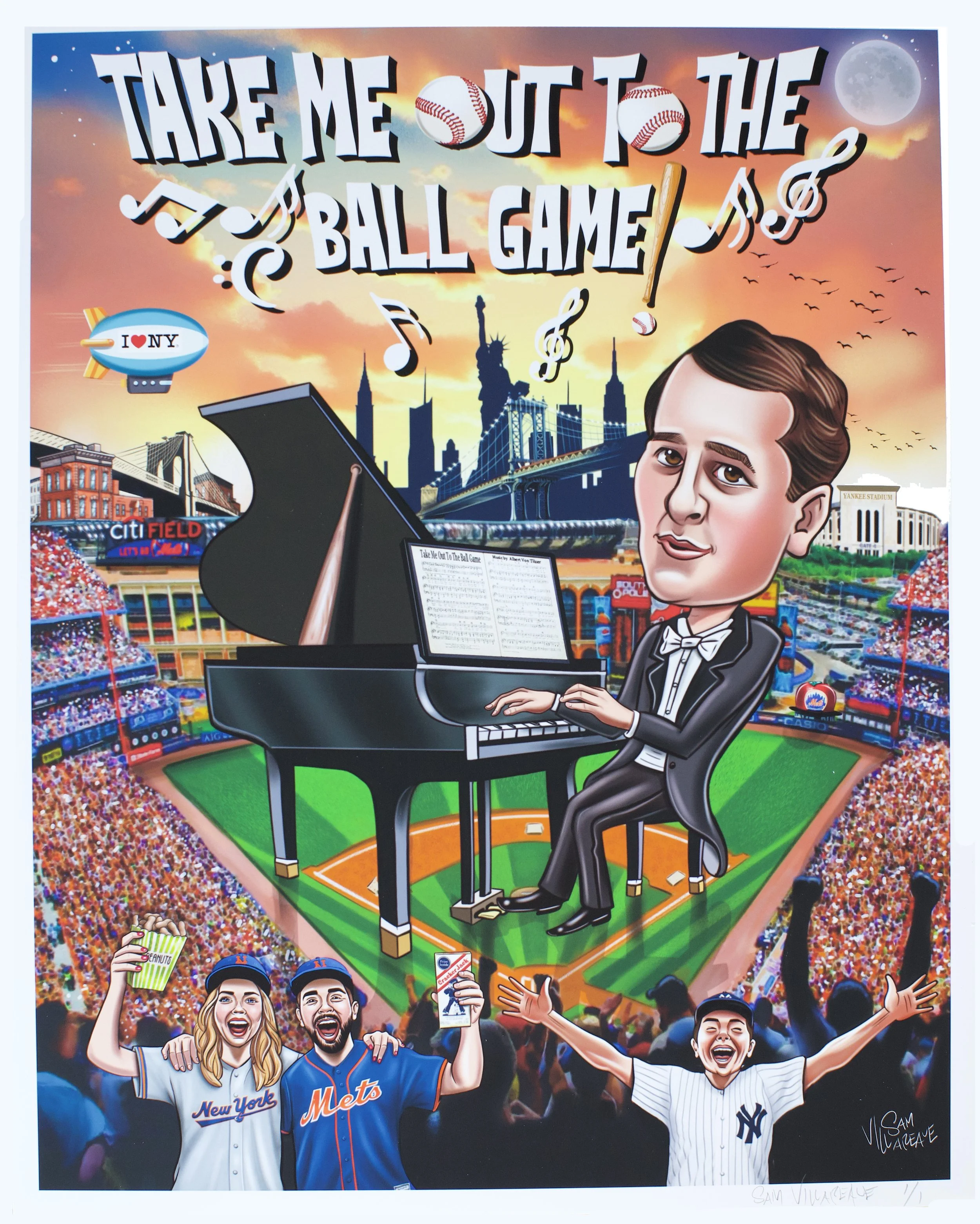 Colorful illustration of a stadium filled with cheering fans, with a baseball theme, featuring a grand piano, a man in a tuxedo, three enthusiastic fans, a New York Yankees player, and symbols related to baseball and New York, with the phrase "Take me out to the ball game" at the top.