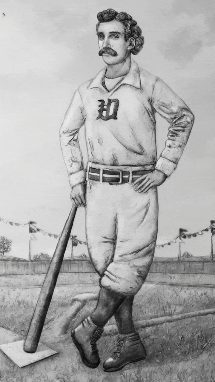 Illustration of Lipman Pike in a vintage Detroit baseball uniform, standing with a bat on the field.