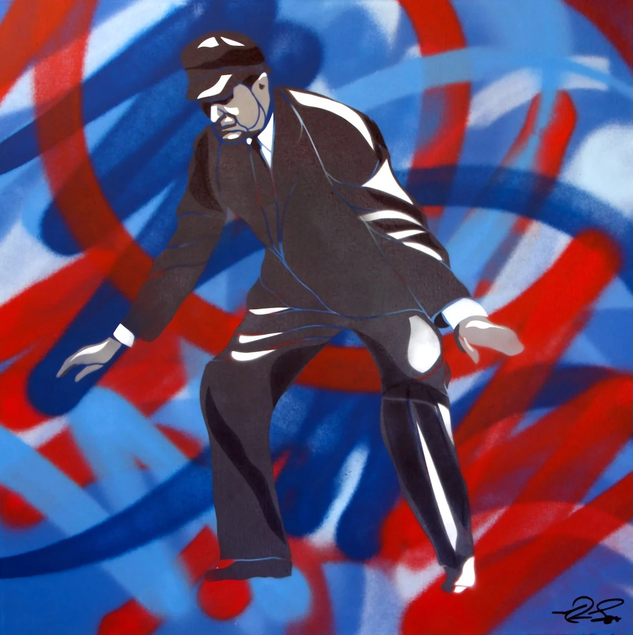 Graffiti art of a baseball umpire in  a black suit against a background of red and blue swirling abstract patterns.