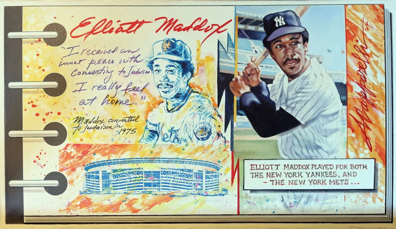 A colorful scrapbook page featuring artwork and information about Elliott Maddox. The page includes a sketch of Maddox in a Yankees uniform, a photograph of him holding a bat in a baseball stadium, and a drawing of the New York Mets' stadium. There are handwritten and printed notes mentioning Maddox's career, including his conversion to Judaism in 1975, and a quote about finding inner peace by turning to Judaism.