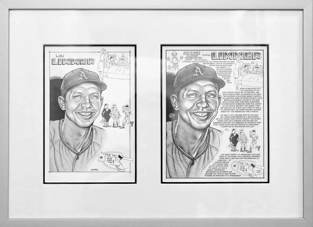 A framed black-and-white illustration of Lou Limmer, a baseball player, with a detailed biography and illustrations of his career and personal life.