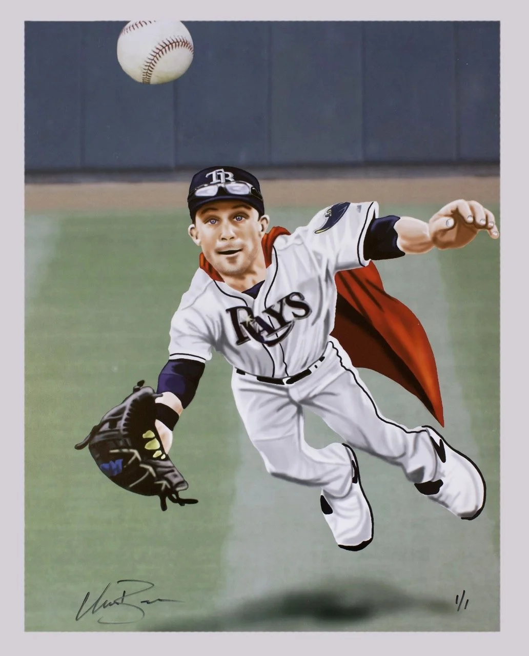 A baseball player with a face resembling a young man, in a Tampa Bay Rays uniform, is diving to catch a baseball with his glove, with a red cape flowing behind him, on a baseball field.