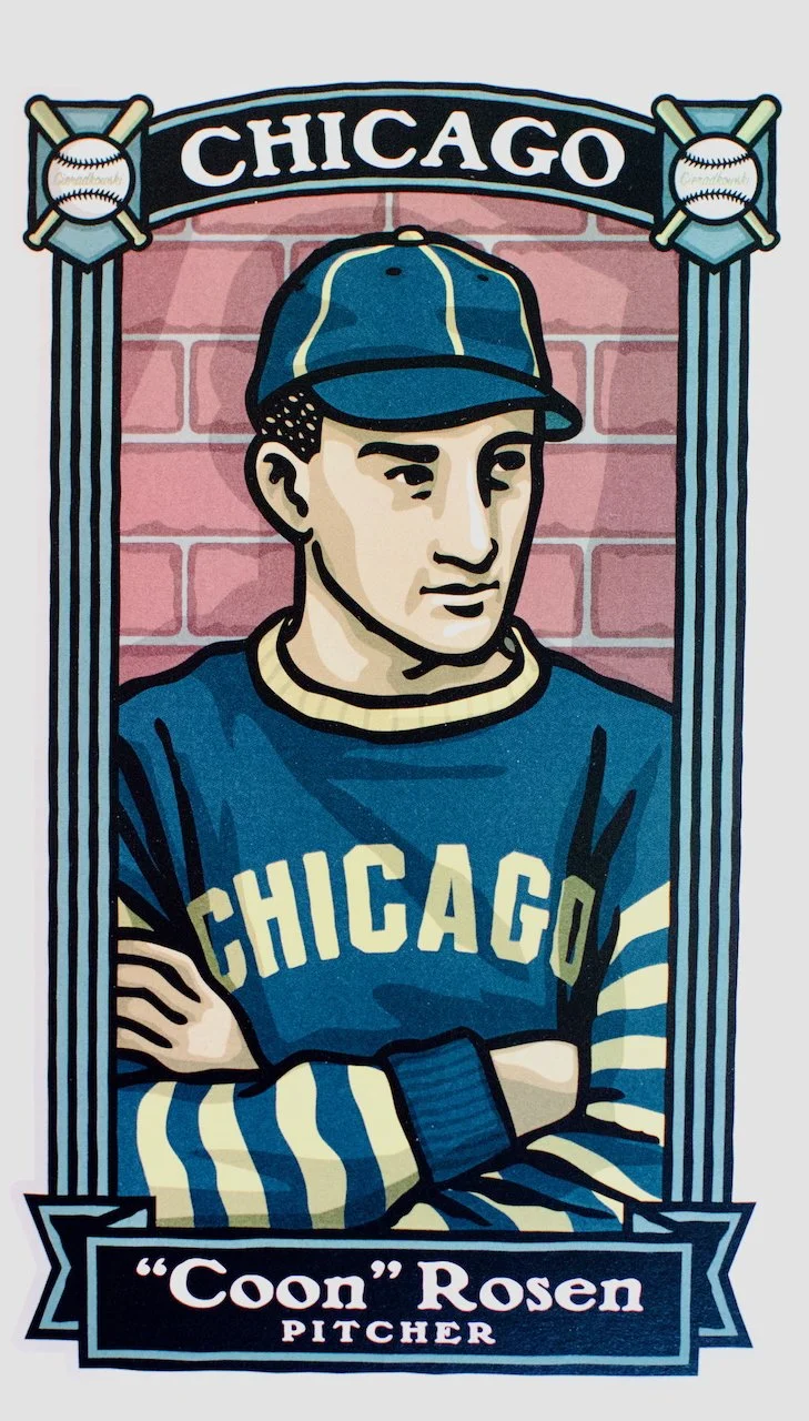 Illustration of a young baseball pitcher wearing a blue Chicago uniform and cap, with arms crossed, in front of a brick wall. The top banner reads 'Chicago' with baseball bats and balls on either side, and the bottom banner identifies the player as 'Coon' Rosen, a pitcher.