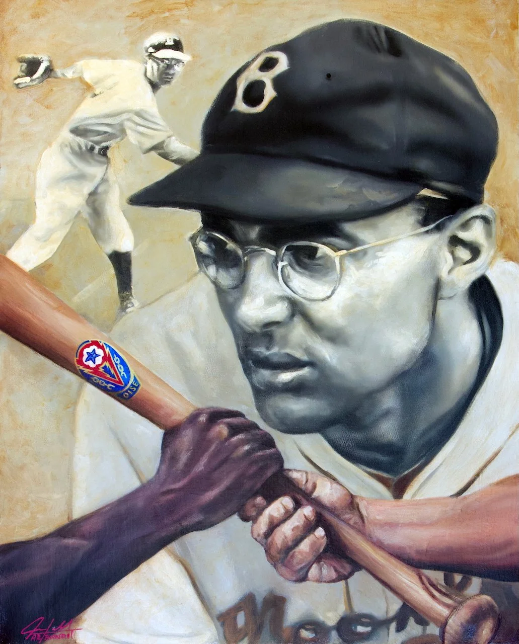 A mural showing a woman with glasses wearing a cap, holding a baseball bat with a logo. Two hands, one dark-skinned and one light-skinned, are shaking hands over the bat. In the background, a baseball player in a white uniform is in a batting stance.