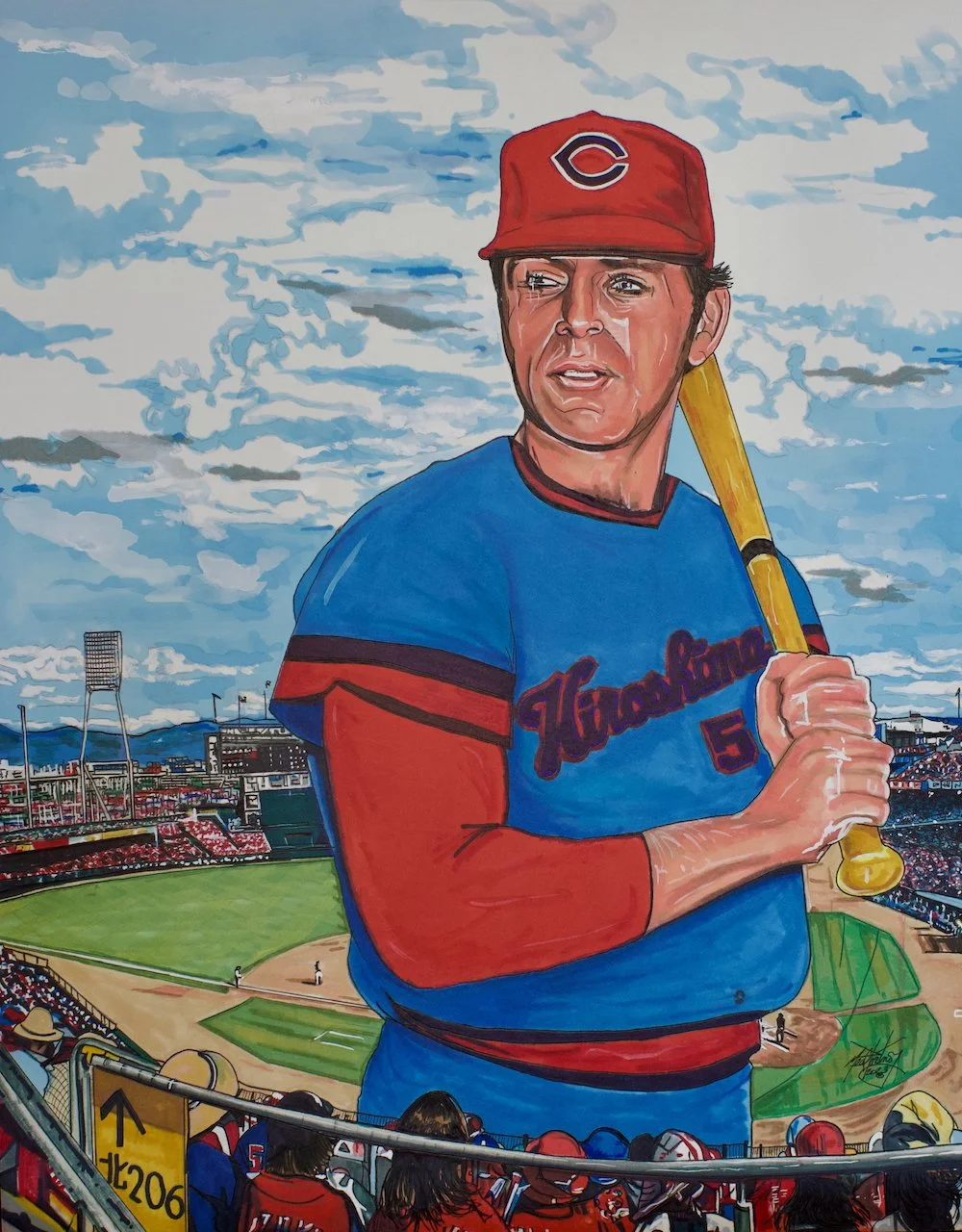A painting of a baseball player in a blue and red uniform and red cap with a 'C' logo, holding a yellow bat at a baseball stadium.