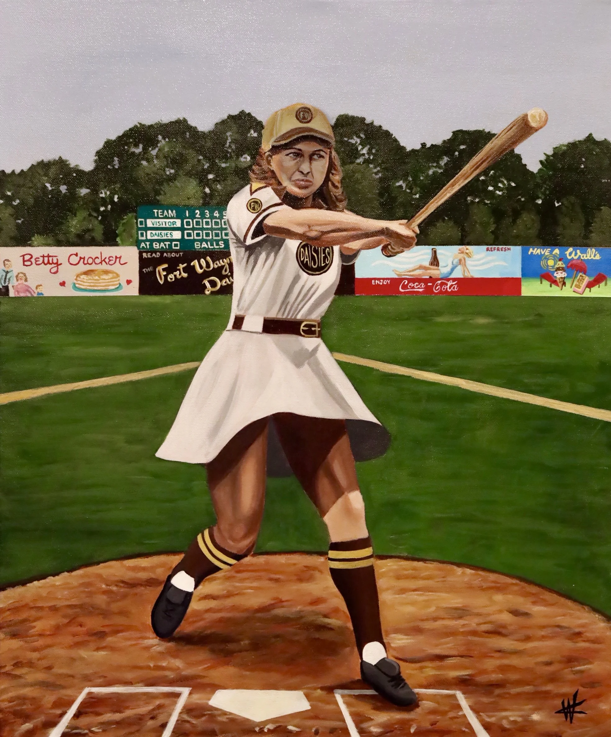 Illustration of a woman baseball player at bat, wearing a uniform with daisies logo and a cap, in a baseball field with a scoreboard and advertisements in the background.