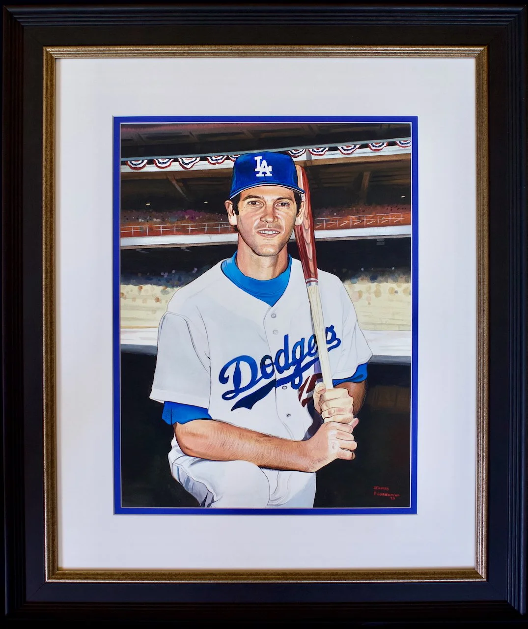 Framed painting of a baseball player wearing a Los Angeles Dodgers uniform and cap, holding a baseball bat, inside a stadium.