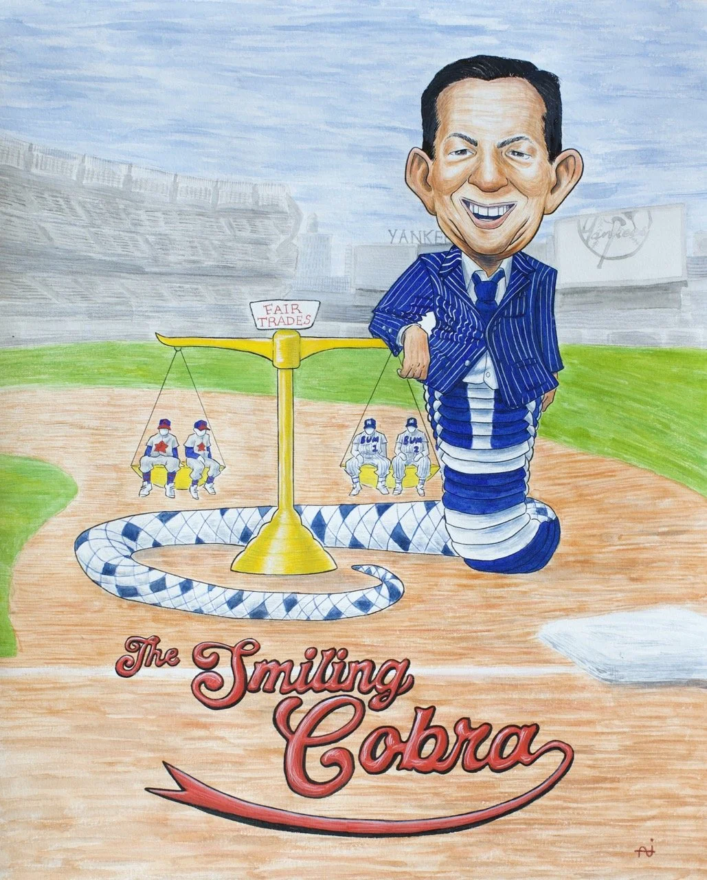 A caricature of a man with a big smile, dressed in a blue pinstripe suit, kneeling on a baseball field with a snake wrapped around his legs. Behind him is a baseball stadium. A set of scales labeled 'Fair Trades' balances two groups of people sitting on it, with one group wearing shirts labeled 'Yankees' and the other 'Bum.' Below, the words 'The Smiling Cobra' are written in red cursive.