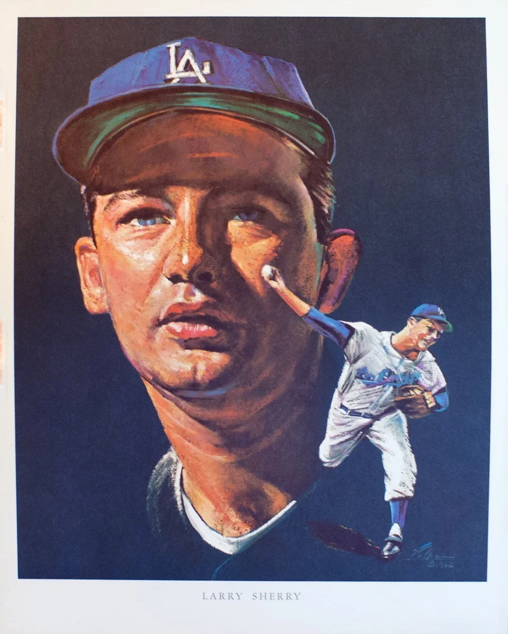 Painting of baseball player Larry Sherry in uniform with a small figure of him pitching, wearing a baseball cap with 'LA' logo, against a dark background.