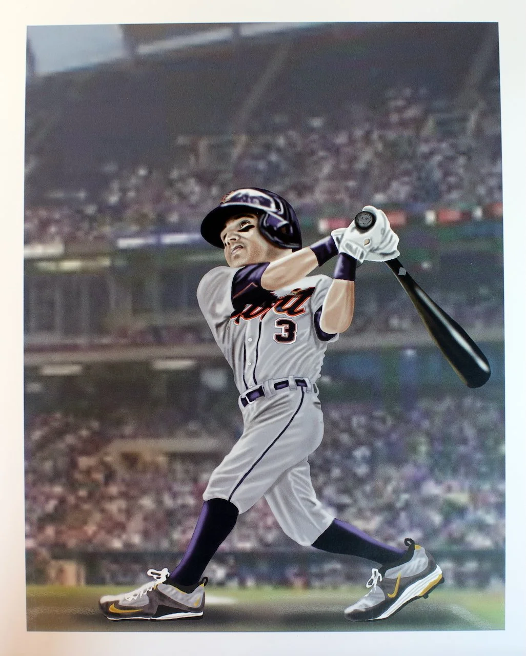 Illustration of a baseball player in a gray uniform and black helmet swinging a bat at a pitch, set against a blurred stadium background.