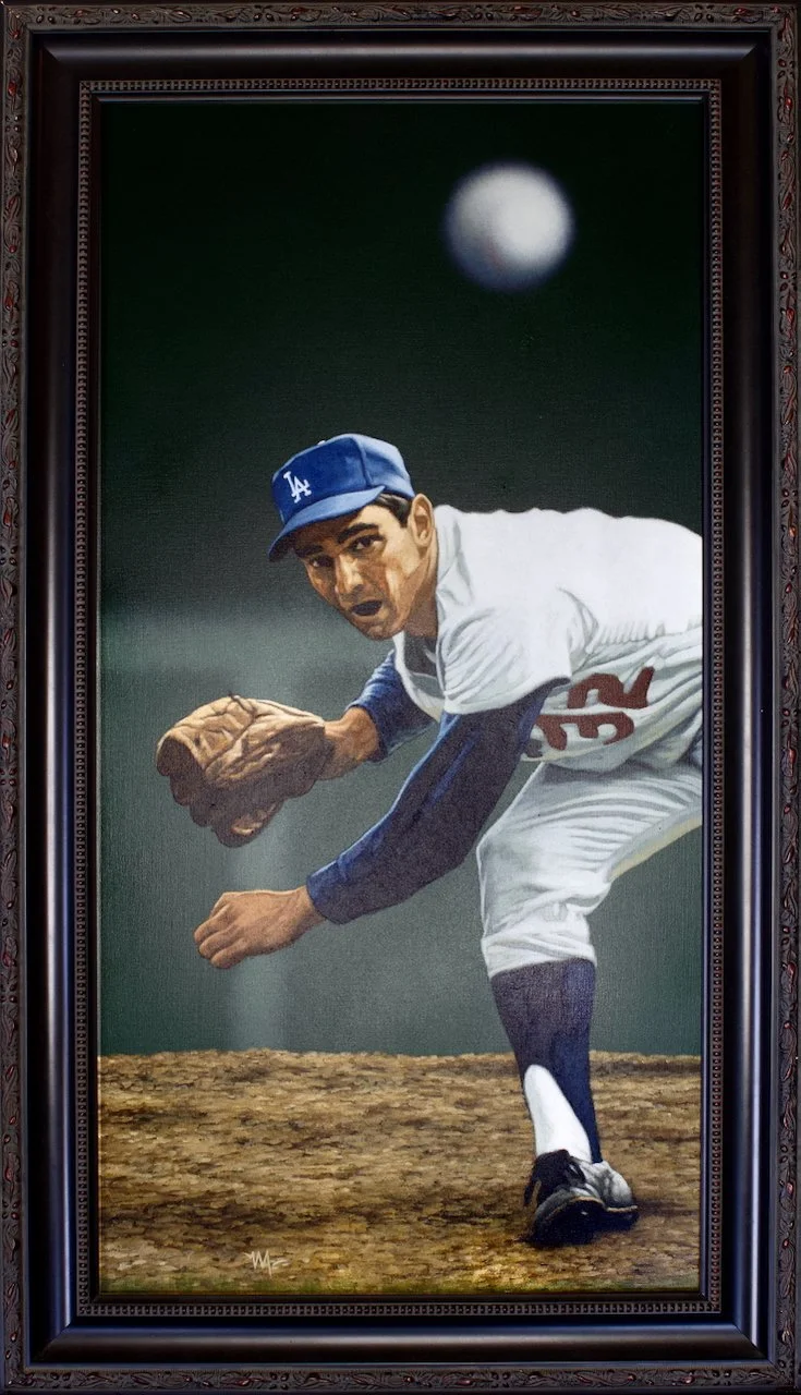 A vintage-style painting of a baseball player in a white uniform with an LA cap, crouching on a dirt field, ready to catch a ball with a glove, with a large moon in the night sky background.