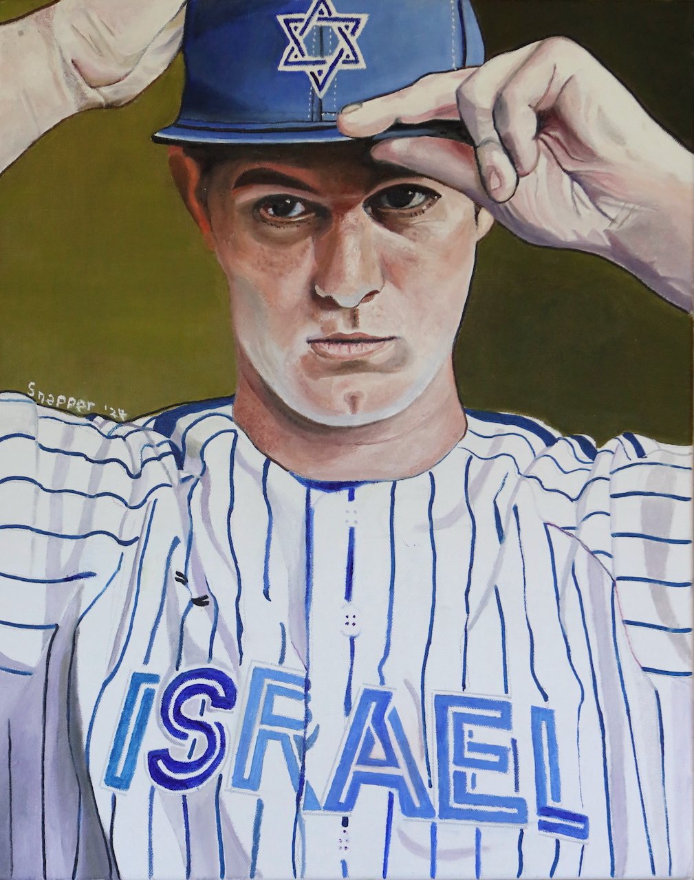 Painting of a young male baseball player wearing a blue cap with a Star of David, a white and blue pinstriped jersey with 'ISRAEL' written on it, and adjusting his cap.