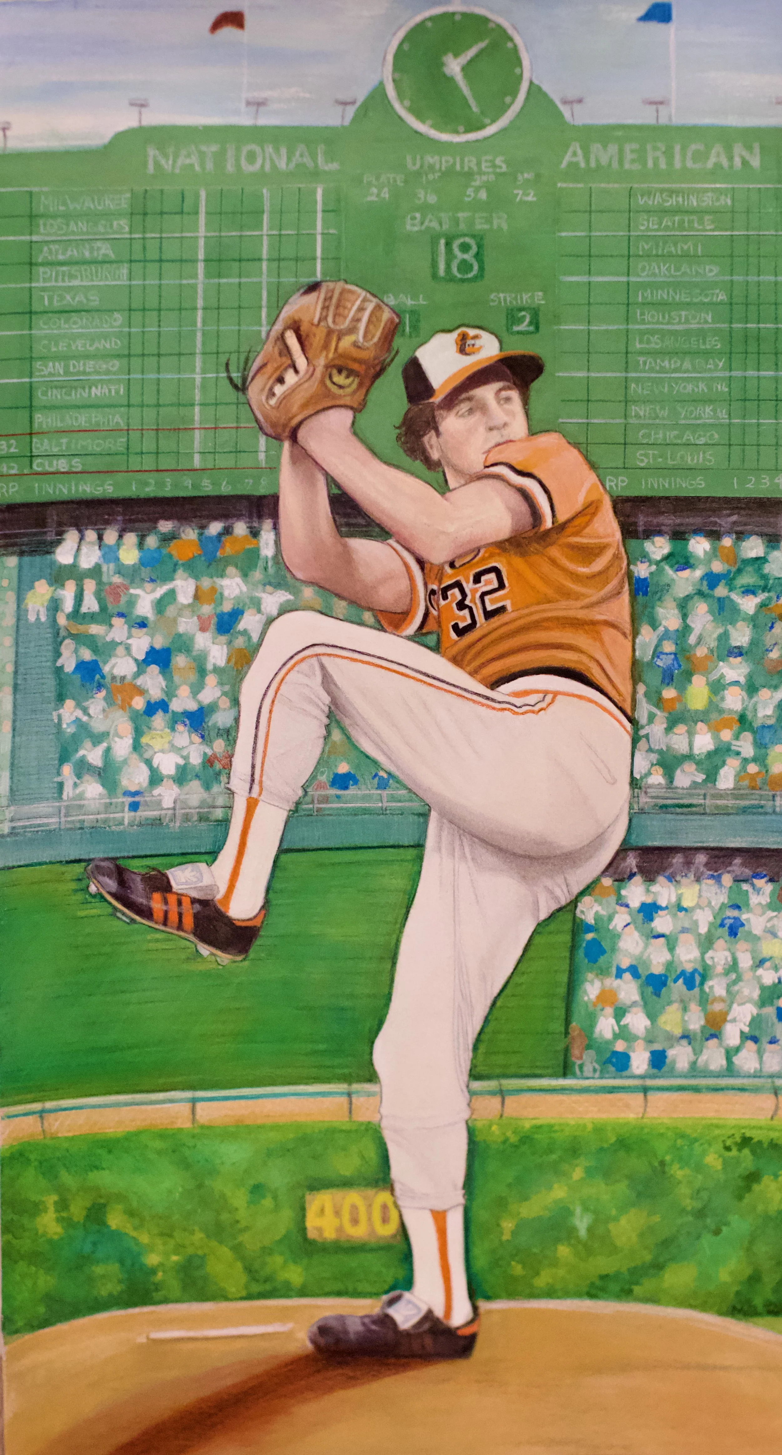 Painting of a baseball pitcher in an orange uniform and glove, on a baseballfield with scoreboard in the background.