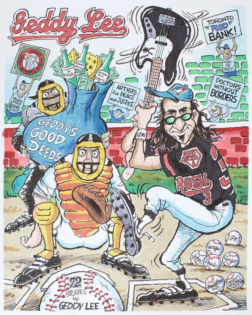 A colorful cartoon illustration featuring Geddy Lee and Rush band member in a baseball stadium setting with signs and memorabilia, including a giant guitar and a baseball with "72 Stories by Geddy Lee" written on it.