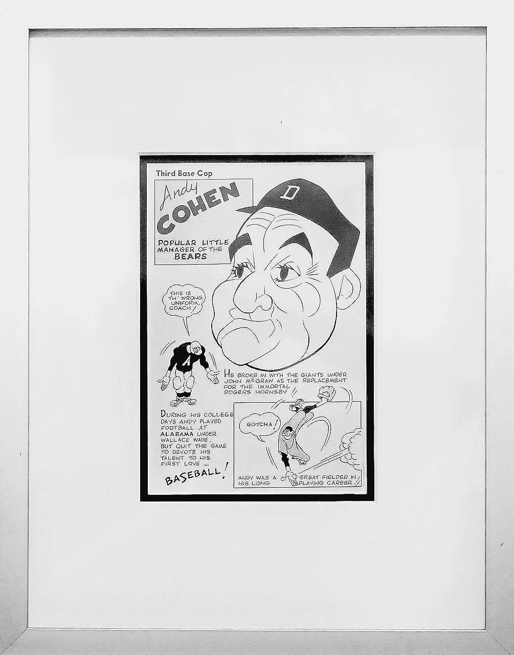 A black and white cartoon comic bulletin honoring Andy Cohen, a third base coach and former baseball player. The comic features his caricature with notable details about his sports career and personality.