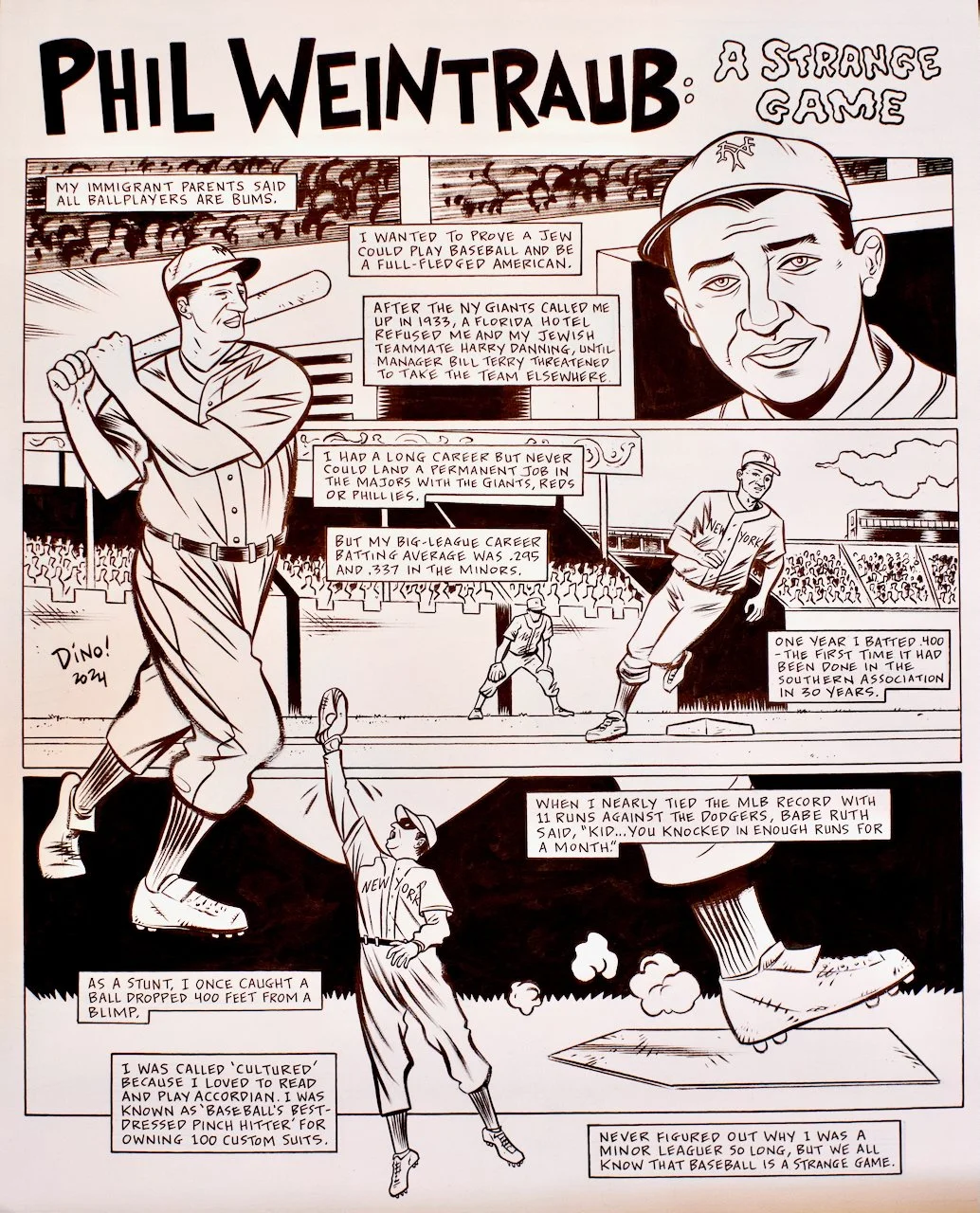 Black and white comic strip titled 'Phil Weintraub: A Strange Game', illustrating a baseball player with accompanying text boxes recounting his career and personal stories.