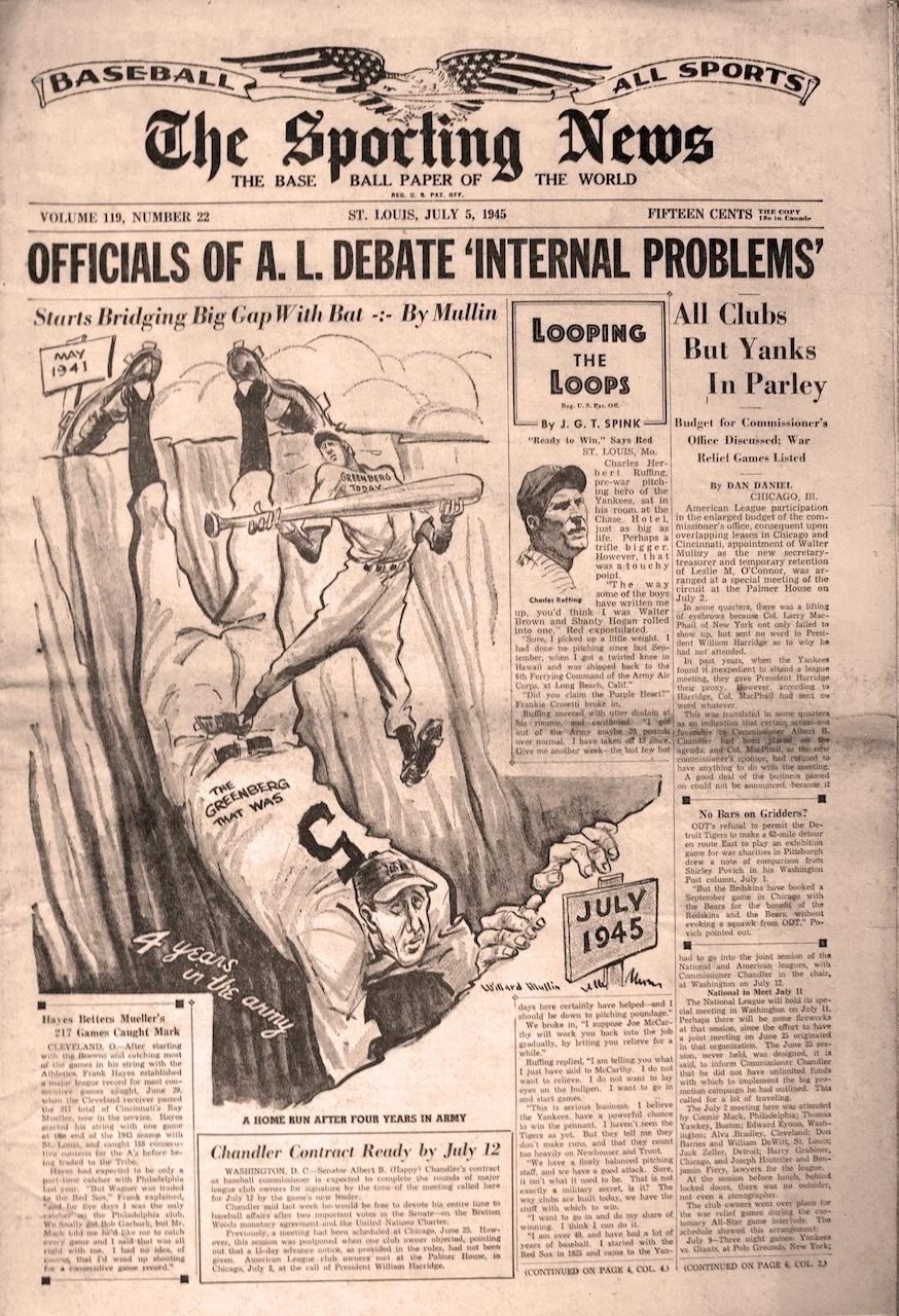 Front page of The Sporting News newspaper, dated July 5, 1945, featuring headlines about a baseball debate, a cartoon illustration of a baseball game, and articles on sports topics.