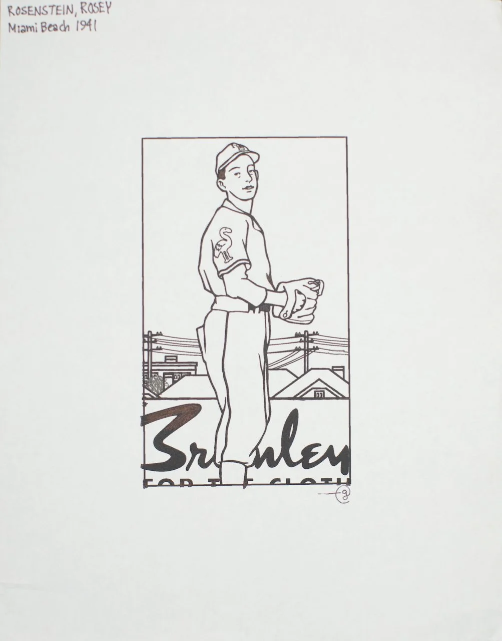 Line drawing of a young man in a baseball uniform with a patch on his sleeve, standing outdoors with houses, power lines, and a clear sky in the background. "Rosenstein, Rosey Miami Beach 1941" is handwritten in upper left corner, and part of the name "Bruce Avery" is visible at the bottom.