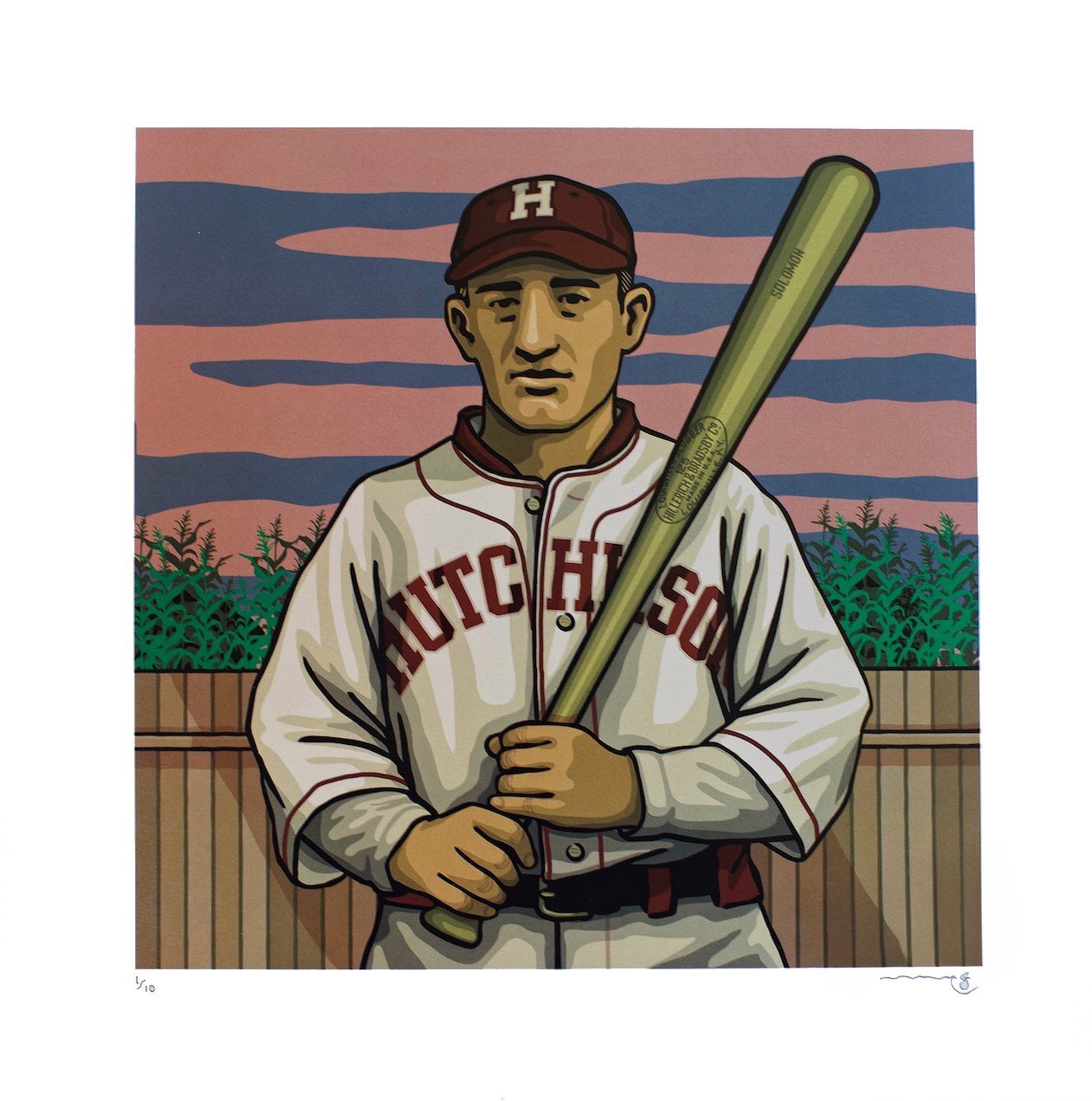 An illustrated baseball player in a vintage uniform holding a bat, with a sunset sky and fields in the background.