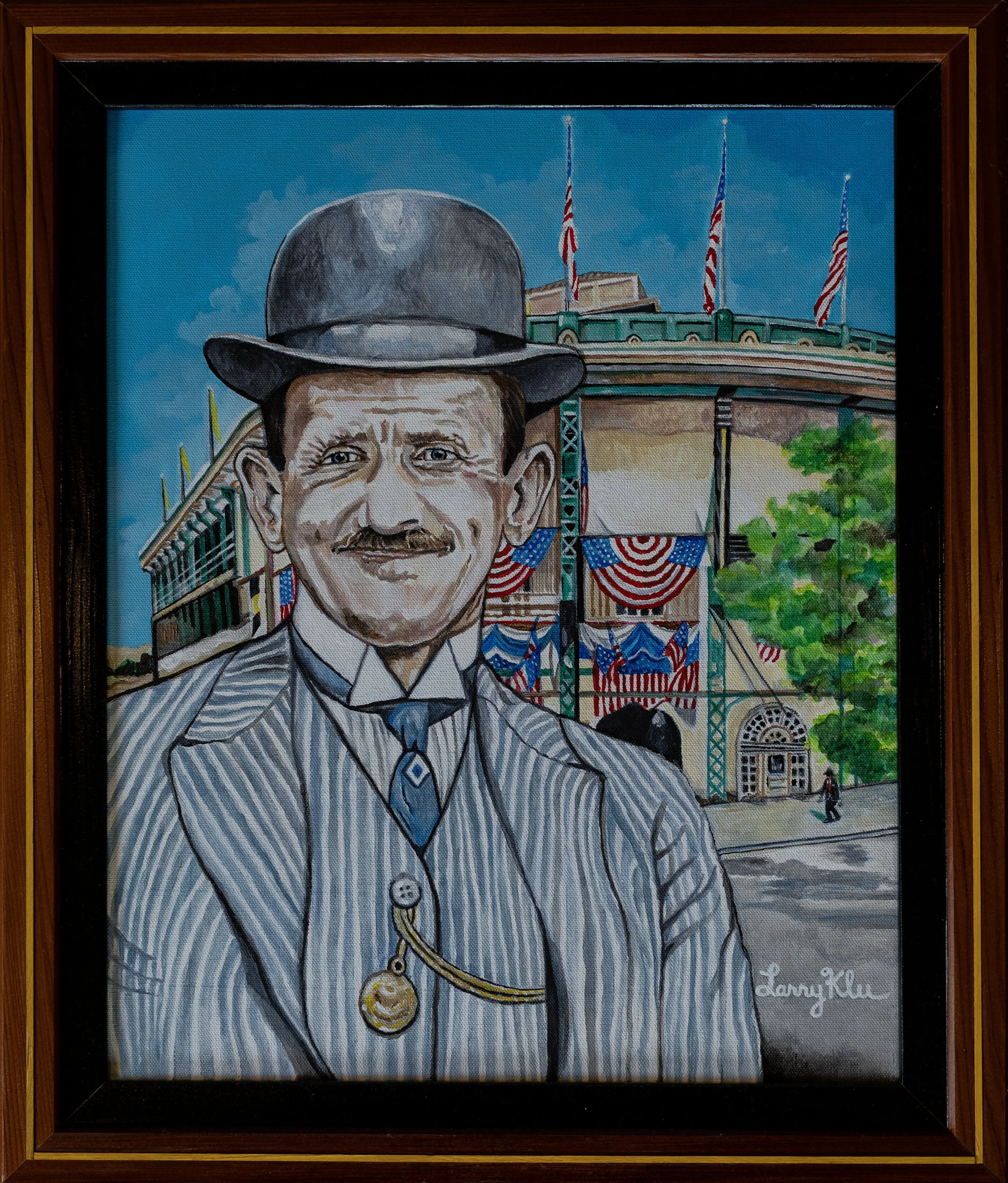 Painted portrait of a man wearing a gray bowler hat, striped suit, and a gold pocket watch chain, set against an amusement park with a bridge, flags, banners, and a cloudy blue sky.