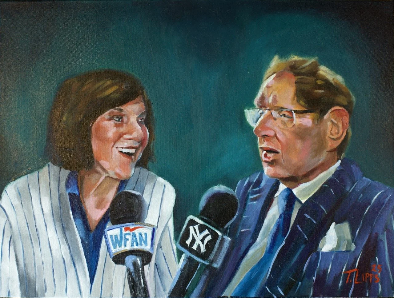 Painting of two people in a televised interview, one woman with short dark hair wearing a striped shirt speaking into a microphone with 'WFAN' logo, and one man with glasses and light hair wearing a pinstripe suit speaking into a microphone with 'YES' logo.