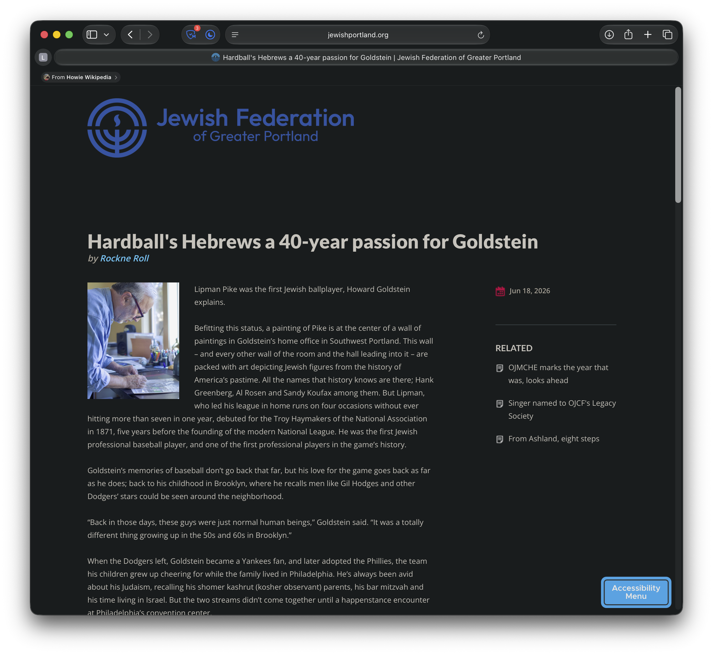 Screenshot of the Jewish Federation of Greater Portland article about Howard Goldstein's 40-year passion for Hardball Hebrews.