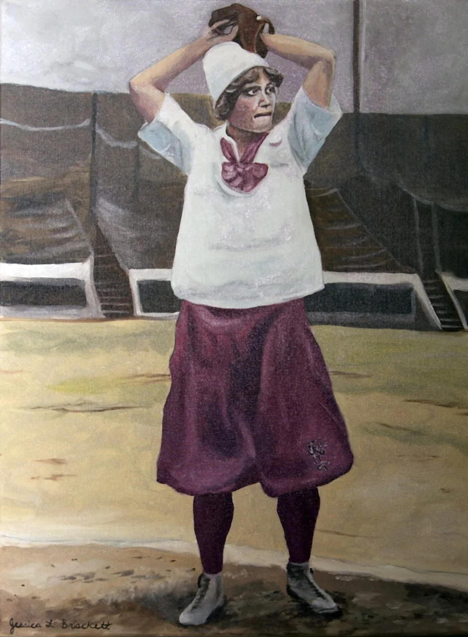 A painting of a young woman in vintage attire, wearing a white shirt with a purple bow, purple skirt, and grey shoes, standing on a sports field adjusting her hair.