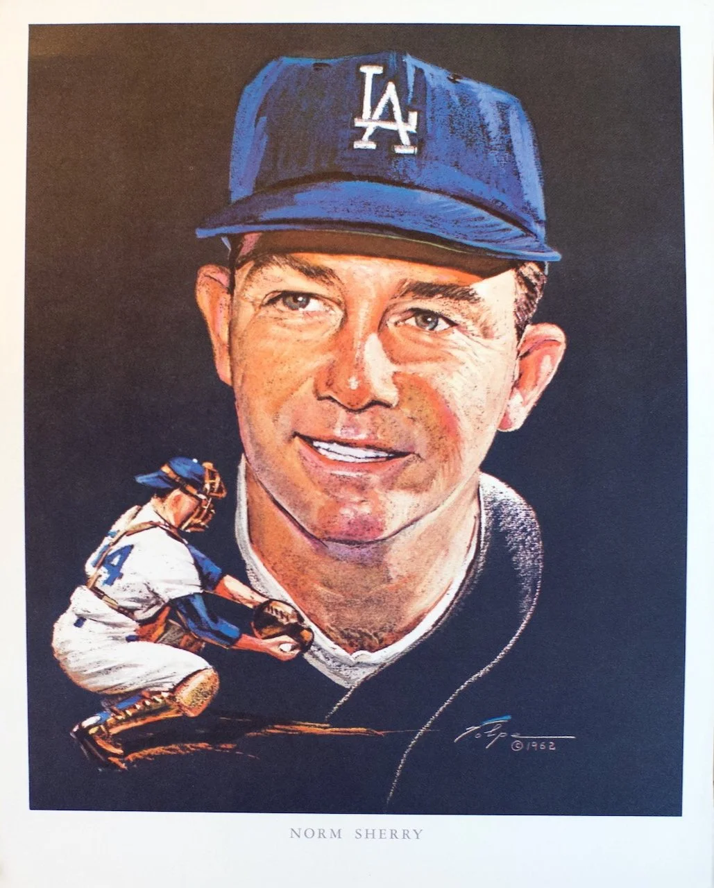 A painted portrait of Norm Sherry, a baseball player, wearing a Los Angeles Dodgers cap and uniform, with a smaller action scene of him catching a baseball.