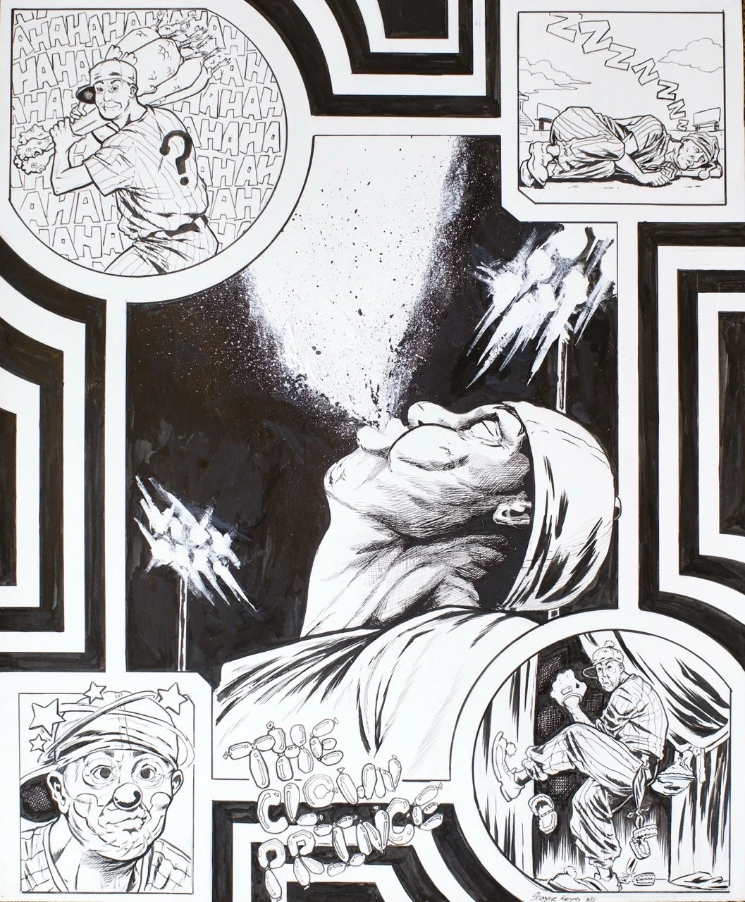 Black and white comic-style illustration depicting a young man swinging a baseball bat, a person sleeping on the ground, a person with a surprised expression, another sitting and holding a baseball glove, and a splash of abstract paint.