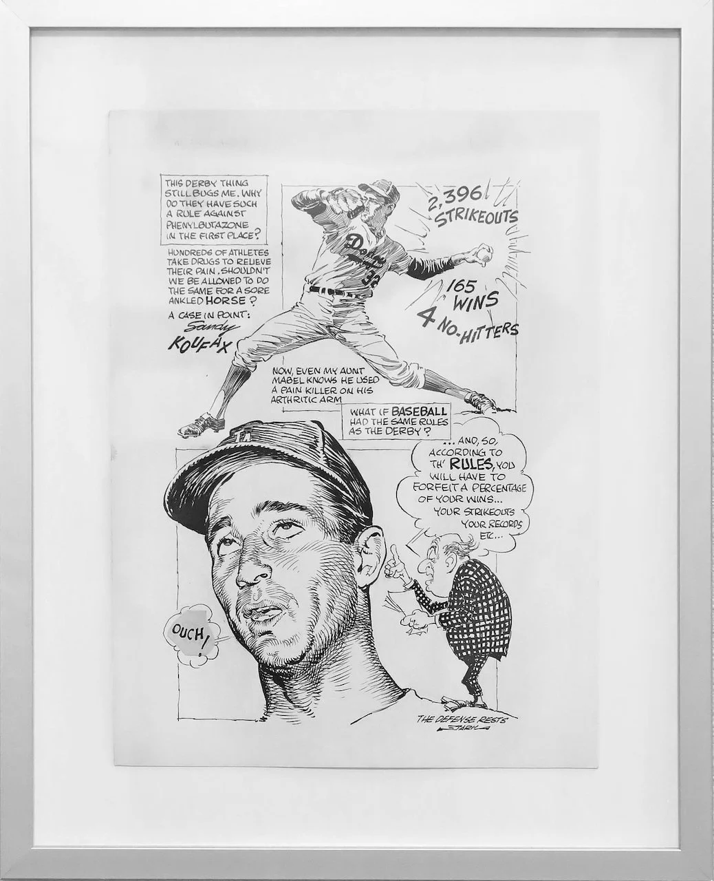 A black and white cartoon illustration depicting a baseball player in uniform and a large head of a man with a cap, with speech bubbles discussing rules and scoring in a humorous manner.