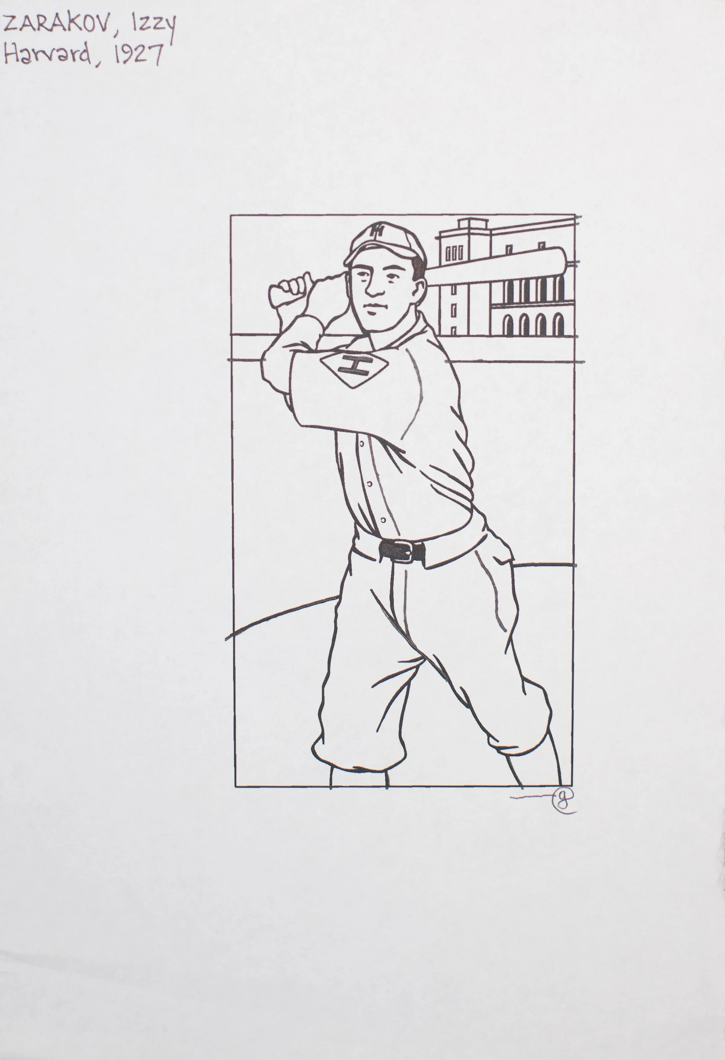 Line drawing of a man wearing a baseball cap and a Superman logo shirt, holding a baseball bat resting on his shoulder, standing in front of a building.
