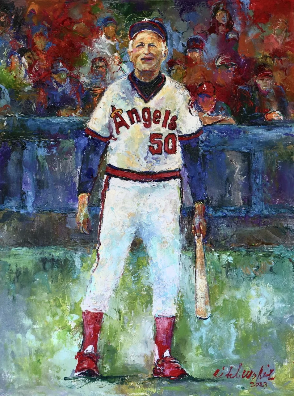 A painting of a baseball player wearing a Los Angeles Angels uniform with the number 50, holding a bat and standing in front of a crowd.