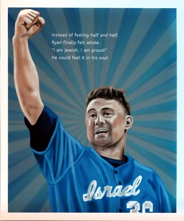 A digitally illustrated baseball player wearing a blue jersey with the name 'Loud' and the number 30, raising his right fist in celebration. There is a quote at the top that says, 'Instead of feeling half and half, Ryan finally felt whole. 'I am Jewish; I am proud!' He could feel it in his soul.'
