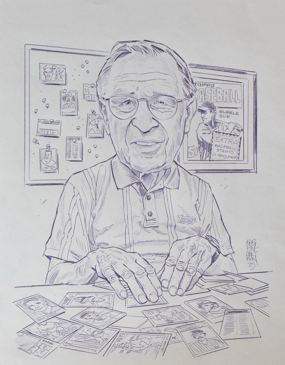A detailed line drawing of an elderly man with glasses sorting through baseball cards at a desk, with a bulletin board and a newspaper page featuring baseball memorabilia in the background.