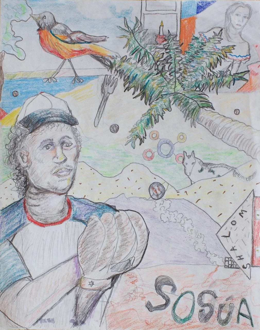 A colorful hand-drawn collage featuring a man with untidy hair wearing a baseball cap and a T-shirt, with hands pressed together in a prayer pose. Surrounding him are various elements such as a bird perched on a branch, a palm tree, a dog, a woman’s portrait, a slice of bread, a fork, a candy ring, a planet, a flag labeled "Shanghai," and the word "SOSUA" written at the bottom.