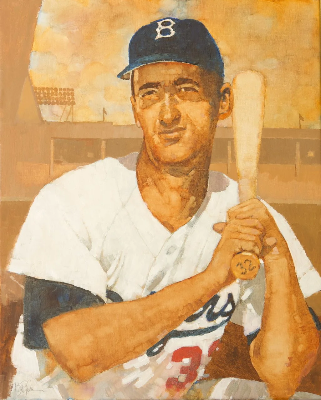 Painting of a young baseball player wearing a cap with the letter 'B', holding a bat over his shoulder, and smiling, set against a baseball stadium background.