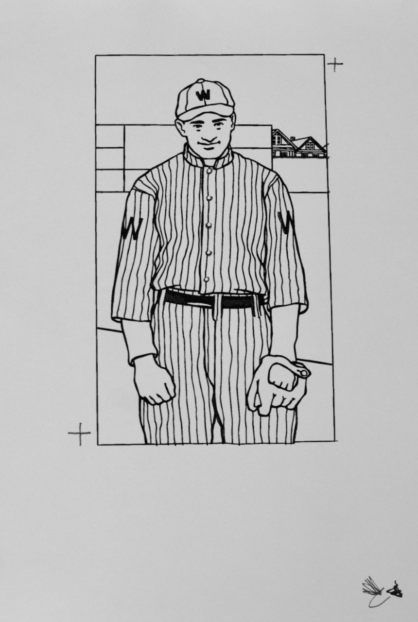 A black and white line drawing of a young baseball player in uniform, wearing a cap with a letter 'W', standing outdoors with buildings in the background.
