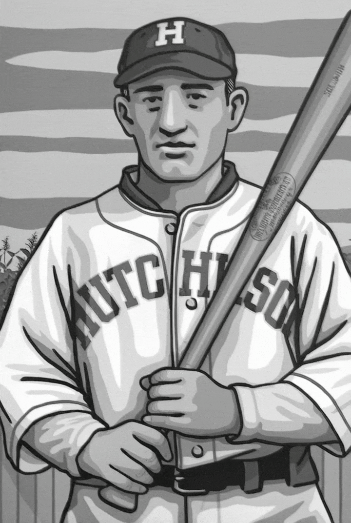 Black-and-white illustration of a vintage Hutchinson baseball player holding a bat in front of an American flag.